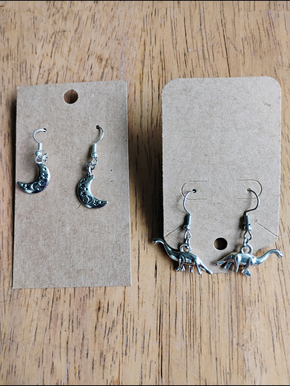 Silver Moon and Silver Dinosaur Dangle Earrings